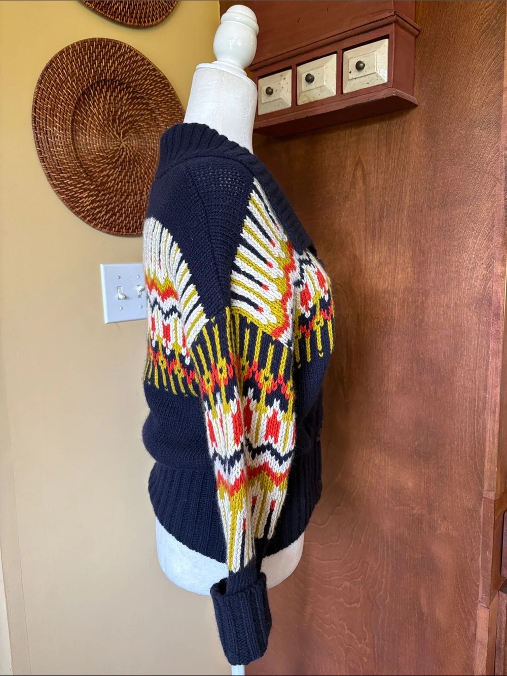 French Connection Navy Wool and Angora Sweater Multicolor Fair Isle Pattern sz M